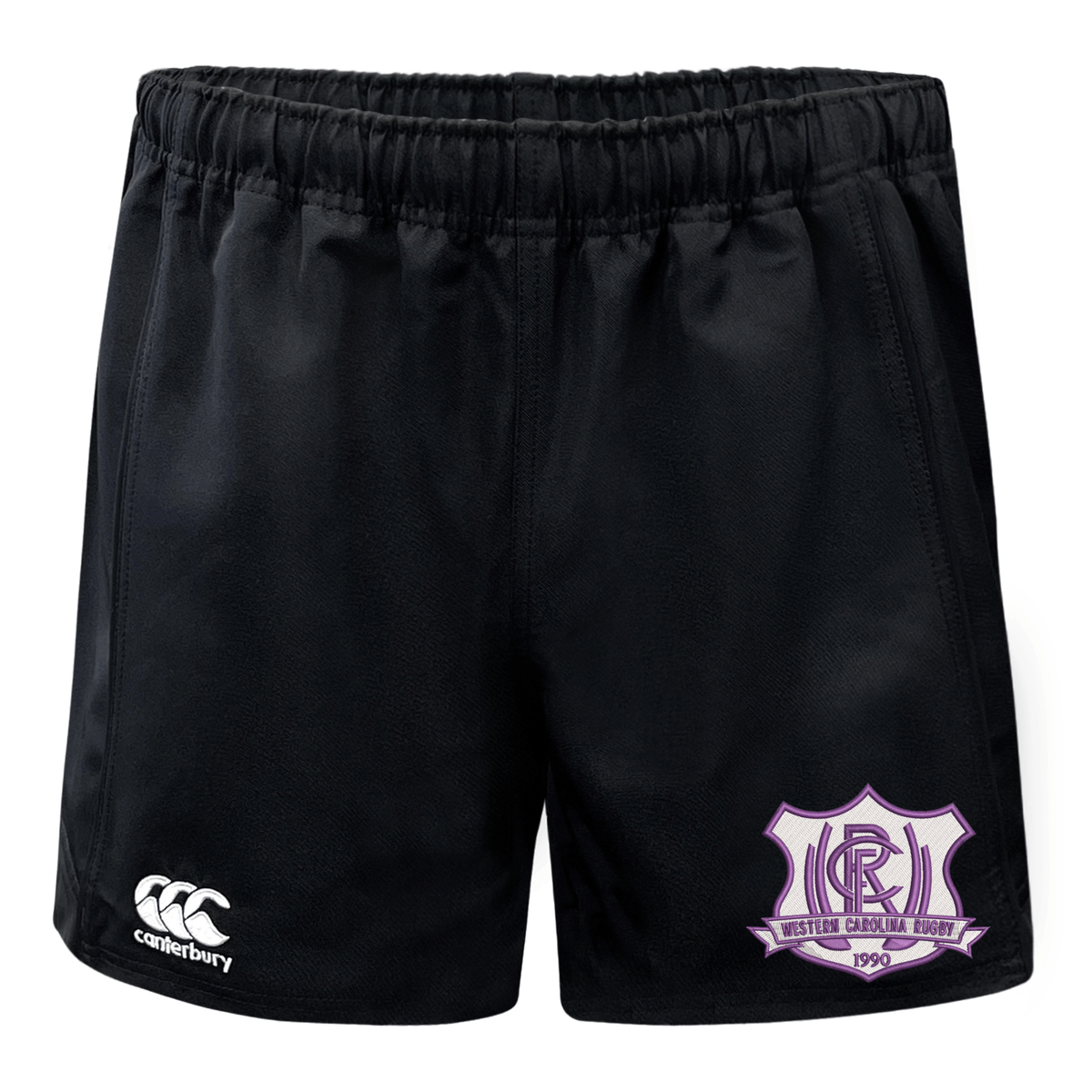 Black moisture-wicking Western Carolina University Advantage Rugby Shorts by Canterbury, featuring an elastic waistband, a white logo on the right leg, and a purple and white team emblem on the left.