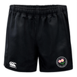 Society of Iowa Rugby Referees Advantage Rugby Shorts by EMB Canterbury in black, featuring moisture-wicking fabric, a white Canterbury logo on the left leg, and an embroidered circular patch with pink flowers and text on the right leg.