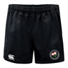 Society of Iowa Rugby Referees Advantage Rugby Shorts by EMB Canterbury in black, featuring moisture-wicking fabric, a white Canterbury logo on the left leg, and an embroidered circular patch with pink flowers and text on the right leg.