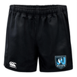 Minneapolis Mayhem Rugby Advantage Rugby Shorts by Canterbury feature a black design with an elastic waistband and moisture-wicking fabric for enhanced comfort. The iconic EMB Canterbury logo is displayed on the left leg, while the Minneapolis Mayhem Rugby logo appears on the right leg.