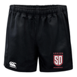 Black moisture-wicking Legion Academy Advantage Rugby Shorts by Canterbury with an elastic waistband, featuring a “Legion Academy SD” logo on the right leg and a logo on the left leg.
