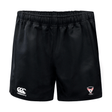 The EMB Canterbury Superior Rugby Club Advantage Rugby Shorts feature an elastic waistband, moisture-wicking fabric, a Canterbury logo on the left leg, and a Superohia Rugby emblem on the right leg.