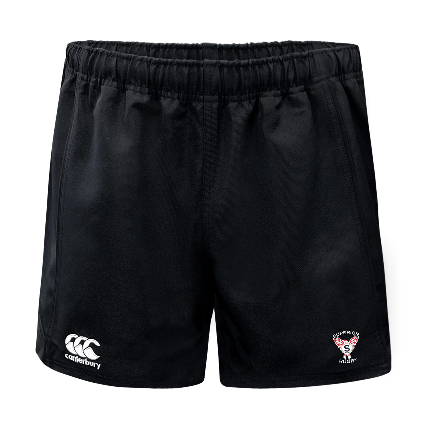 The EMB Canterbury Superior Rugby Club Advantage Rugby Shorts feature an elastic waistband, moisture-wicking fabric, a Canterbury logo on the left leg, and a Superohia Rugby emblem on the right leg.