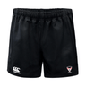 The EMB Canterbury Superior Rugby Club Advantage Rugby Shorts feature an elastic waistband, moisture-wicking fabric, a Canterbury logo on the left leg, and a Superohia Rugby emblem on the right leg.