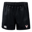 The Superior Rugby Advantage Rugby Shorts by EMB Canterbury are black with an elastic waistband, a white Canterbury logo on the left leg, and a Superior Rugby badge on the right leg.