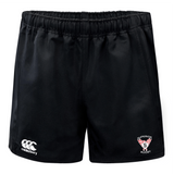 The Superior Rugby Advantage Rugby Shorts by EMB Canterbury are black with an elastic waistband, a white Canterbury logo on the left leg, and a Superior Rugby badge on the right leg.