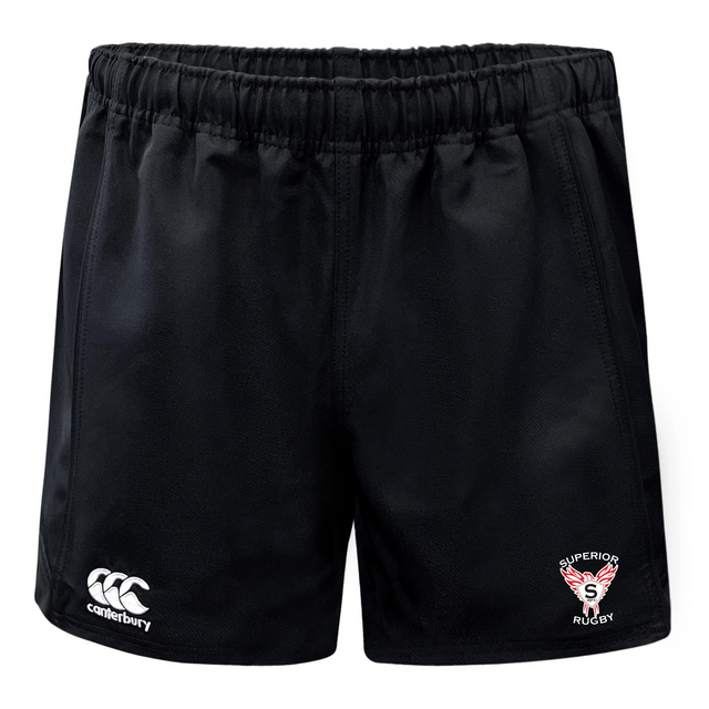 The Superior Rugby Advantage Rugby Shorts by EMB Canterbury are black with an elastic waistband, a white Canterbury logo on the left leg, and a Superior Rugby badge on the right leg.