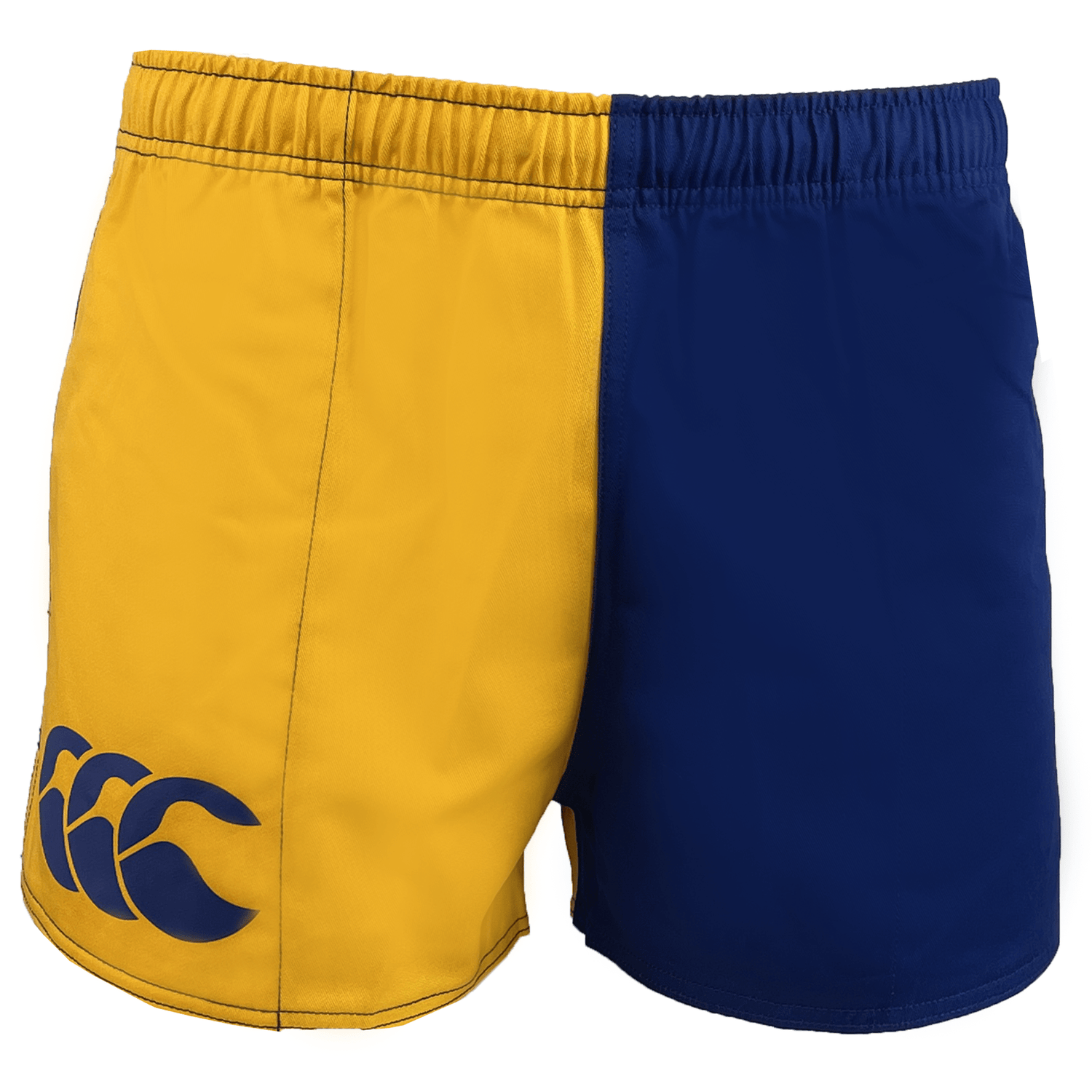 The Canterbury Classics Harlequin Cotton Shorts, available in yellow and blue, feature an elastic waistband and the logo on the left leg. Designed by Canterbury as durable sportswear, they ensure comfort and resilience for rugby games.