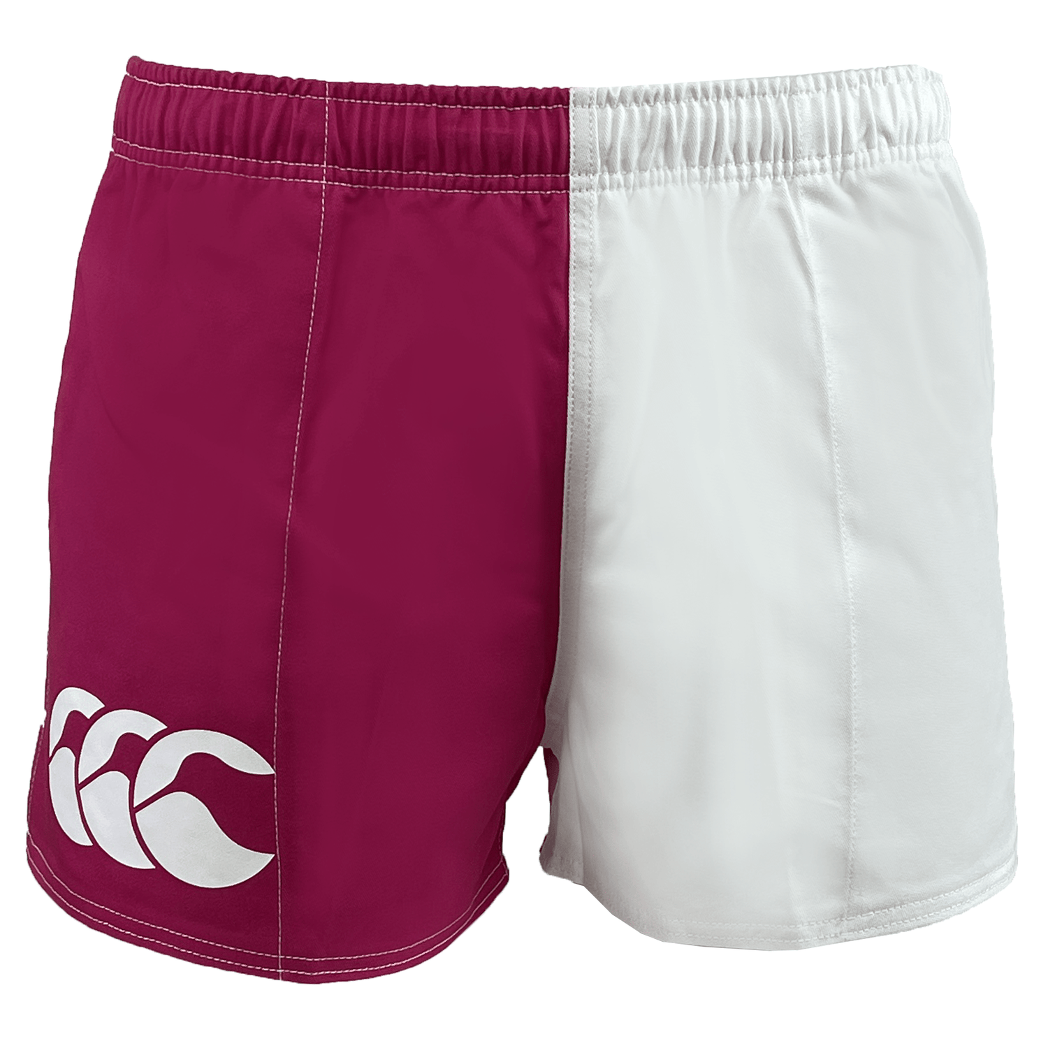 Canterbury Classics Harlequin Cotton Shorts from Canterbury, featuring a two-tone design with burgundy on the left and white on the right, complete with a Canterbury logo.