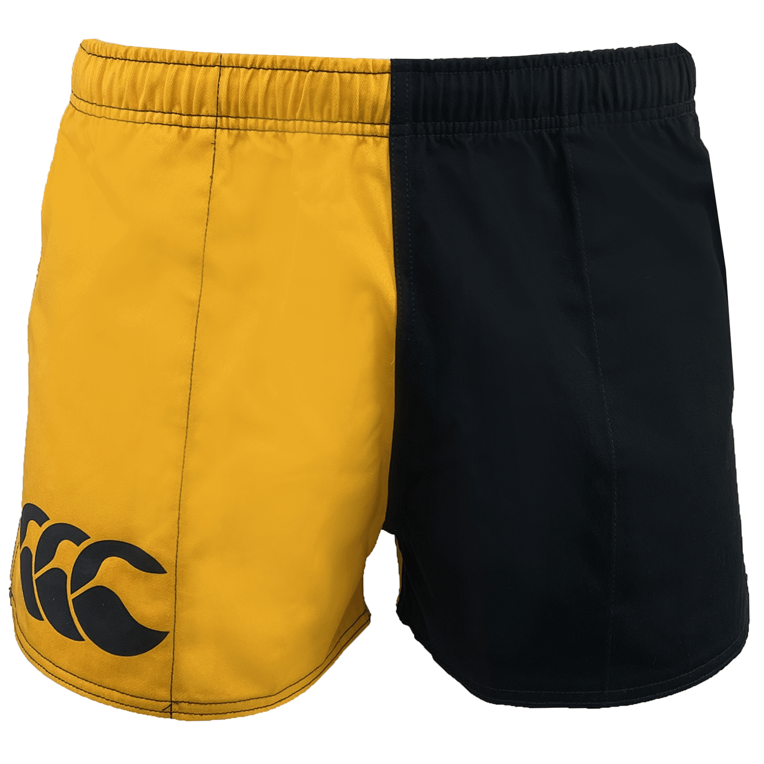 The Canterbury Classics Harlequin Cotton Short by Canterbury features a vertical division of yellow on the left and black on the right, crafted from durable cotton drill with a logo on the left side.