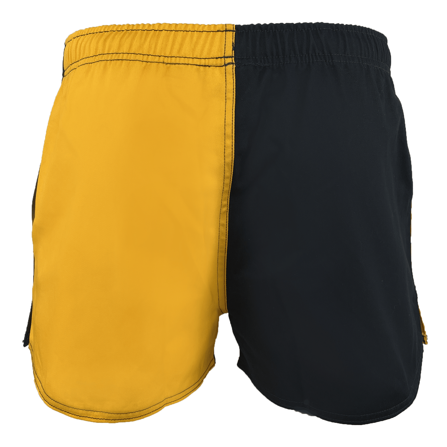 The Canterbury Classics Harlequin Cotton Short by Canterbury features a yellow left side and black right side, crafted from durable cotton drill fabric. It includes an elastic waistband and practical side pockets.