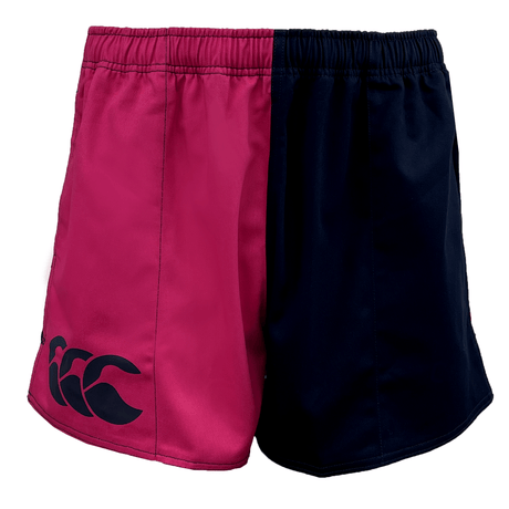 A pair of Canterbury Classics Harlequin Cotton Shorts, divided vertically with the left side in pink featuring a logo and the right side in black.