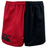 A pair of Canterbury Classics Harlequin Cotton Shorts from Canterbury is split vertically with the left side red and the right side black, showcasing a logo on the lower left front.
