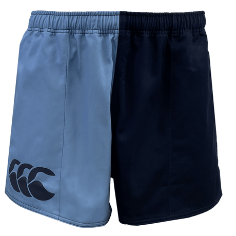 Canterbury's Canterbury Classics Harlequin Cotton Short is a stylish pair of two-tone sports shorts with one light blue leg and one navy blue leg, featuring an elasticated waist and the Canterbury logo on the left side.