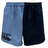 Canterbury's Canterbury Classics Harlequin Cotton Short is a stylish pair of two-tone sports shorts with one light blue leg and one navy blue leg, featuring an elasticated waist and the Canterbury logo on the left side.