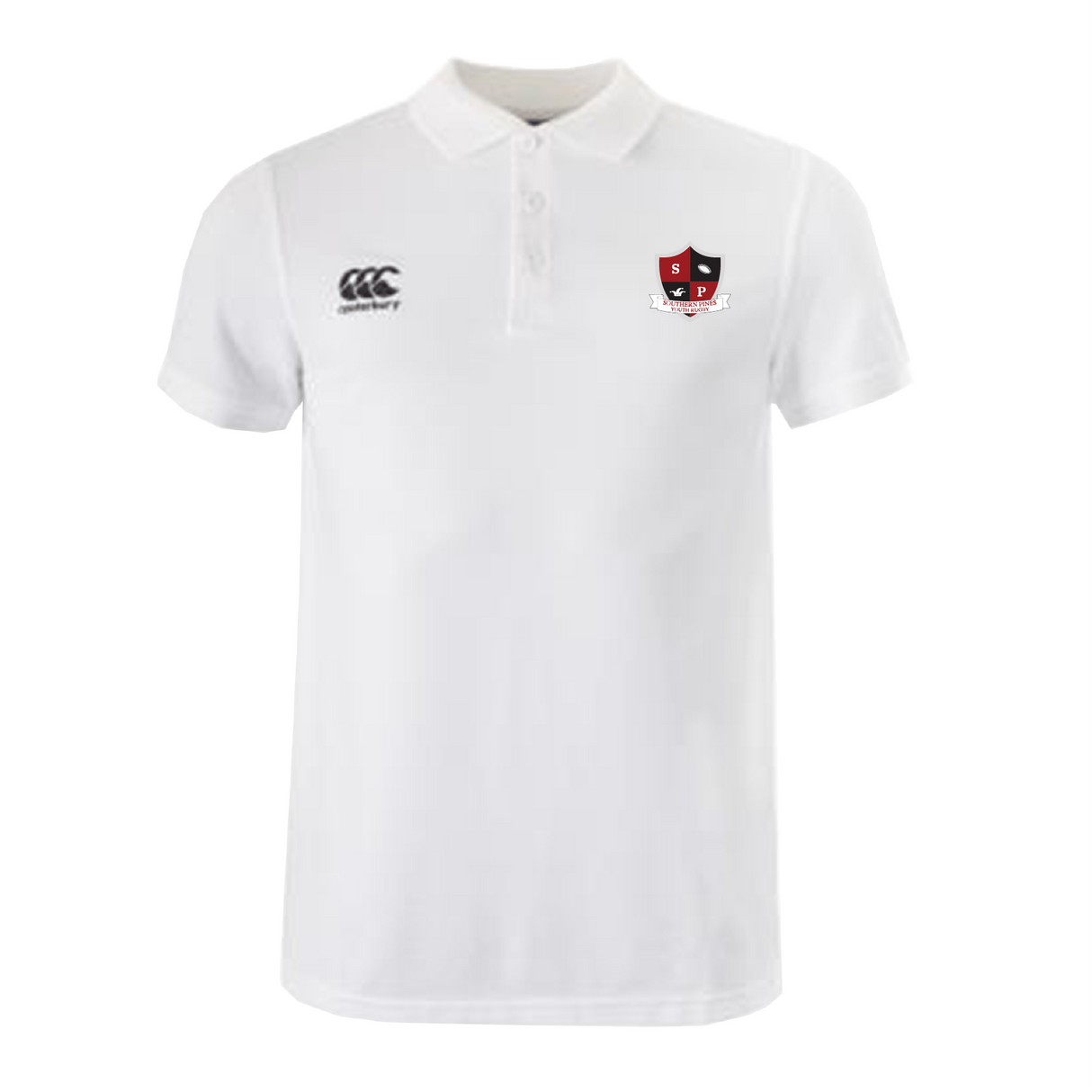 The Southern Pines Youth Rugby Waimak Polo by EMB Canterbury is a white polo shirt with a collar and buttons made from a comfy cotton-polyester blend. It features a black and red shield logo on the left side and Canterbury's iconic logo on the right.