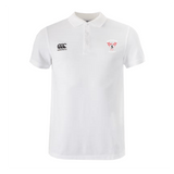 The Superior Rugby Club Waimak Polo by EMB Canterbury is a white short-sleeve men’s polo with a black Canterbury logo on the right chest and a red and white embroidered crest on the left.