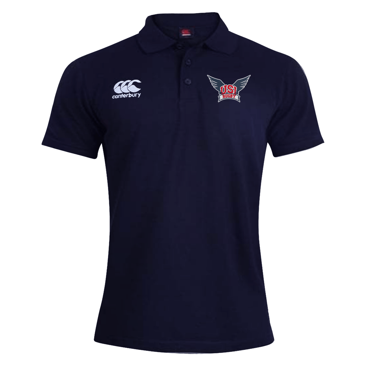 A navy blue University of Southern Indiana Waimak Polo by EMB Canterbury featuring a white Canterbury logo on the right chest and a red and white winged emblem on the left chest, crafted from a comfortable Cotton/Polyester blend.