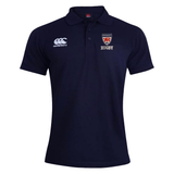 Navy blue EMB Canterbury Waimak Rugby Polo with a white Canterbury logo on the right chest and a red "Dwight Rugby" logo on the left chest.