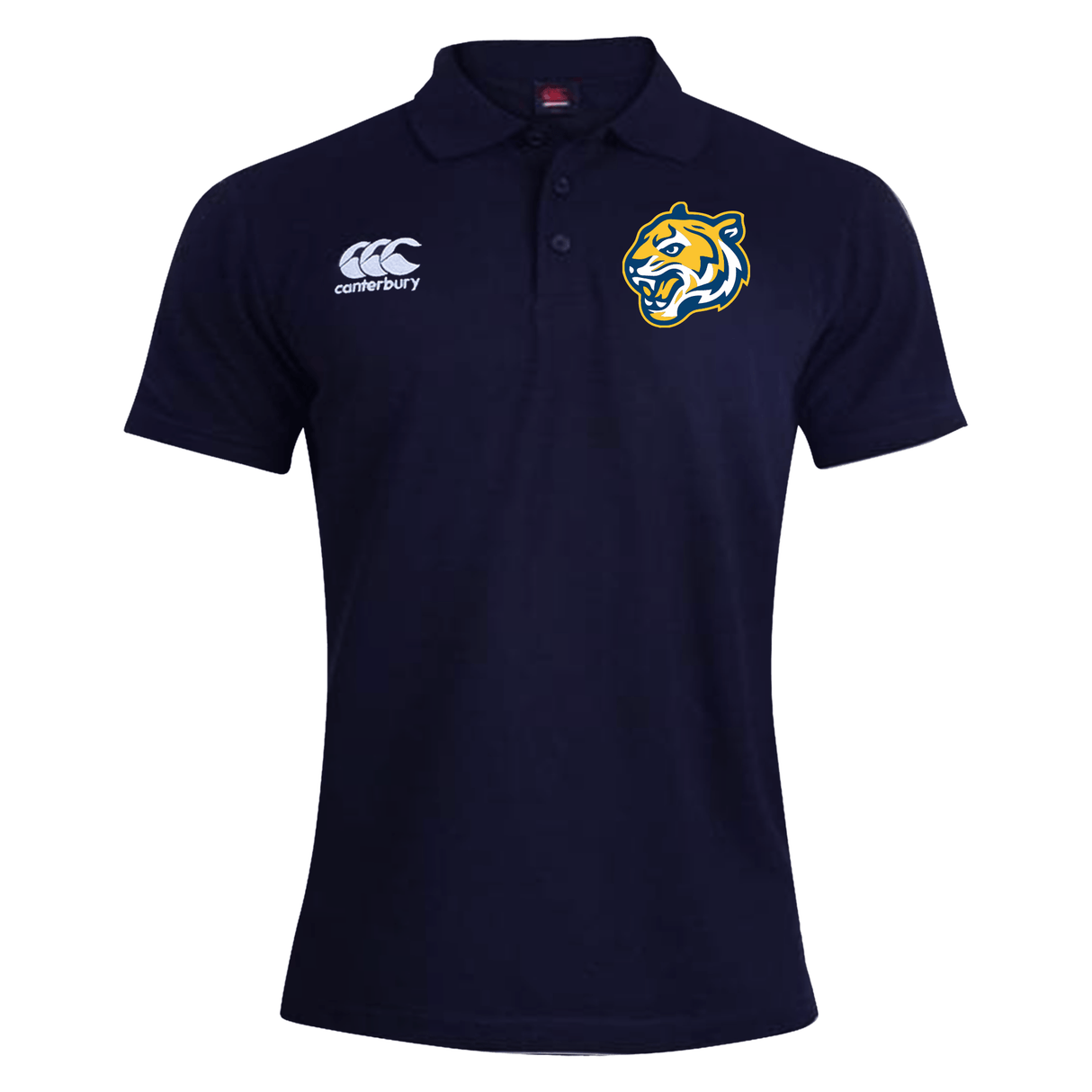 Navy blue Noble Street College Prep Waimak Rugby Polo featuring an EMB Canterbury logo of a stylized tiger's head on the right chest area.