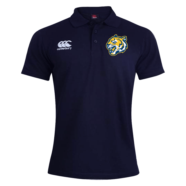 Navy blue Noble Street College Prep Waimak Rugby Polo featuring an EMB Canterbury logo of a stylized tiger's head on the right chest area.