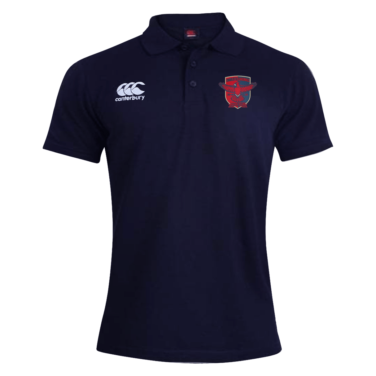 Navy blue Charlotte Cardinals Rugby Club Waimak Rugby Polo shirt with an EMB Canterbury logo on the chest and a sportswear brand emblem on the right sleeve, made from a Cotton Polyester blend.
