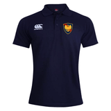 A navy blue EMB Canterbury Waimak Rugby Polo featuring a logo of a lion within a crest on the left chest area.