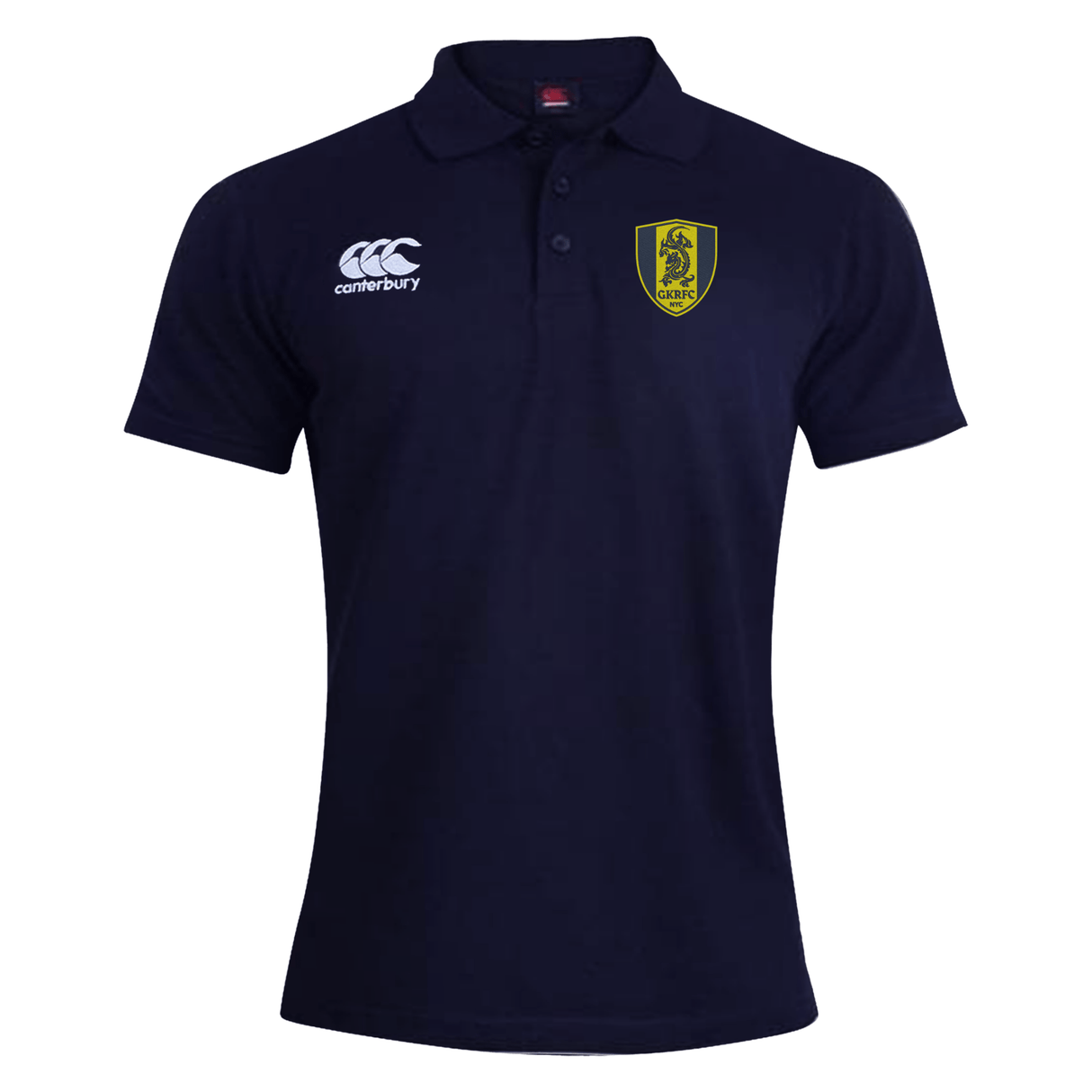 The Gotham Knights Waimak Polo by Canterbury, a navy blue shirt from EMB Canterbury, features a collar and three buttons. This stylish shirt sports a Canterbury logo on the right chest and a yellow and black shield emblem on the left chest, all crafted from a comfortable Cotton/Polyester blend.