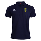 The Gotham Knights Waimak Polo by Canterbury, a navy blue shirt from EMB Canterbury, features a collar and three buttons. This stylish shirt sports a Canterbury logo on the right chest and a yellow and black shield emblem on the left chest, all crafted from a comfortable Cotton/Polyester blend.
