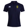 The Gotham Knights Waimak Polo by Canterbury, a navy blue shirt from EMB Canterbury, features a collar and three buttons. This stylish shirt sports a Canterbury logo on the right chest and a yellow and black shield emblem on the left chest, all crafted from a comfortable Cotton/Polyester blend.