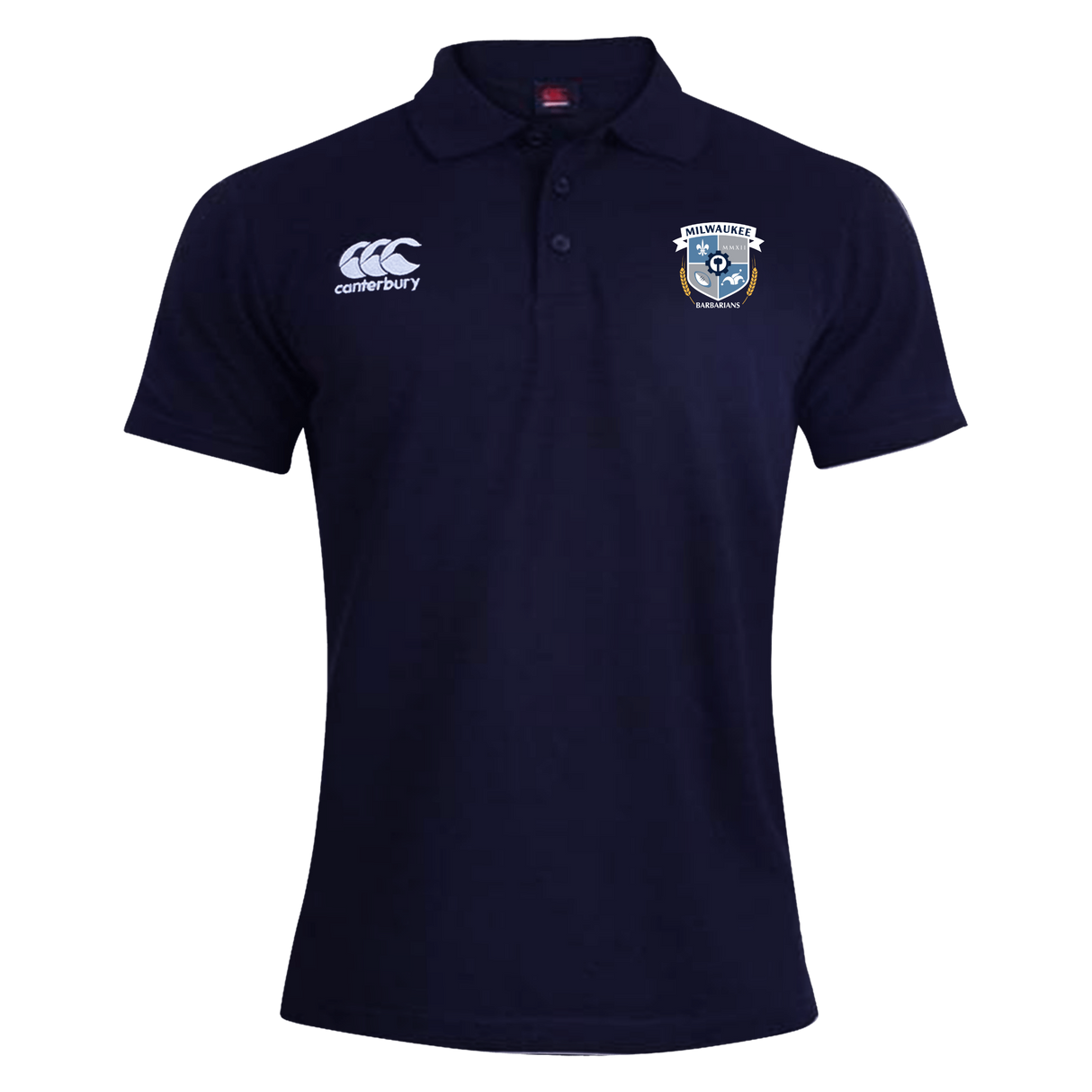 Milwaukee Barbarians Rugby Waimak Polo by EMB Canterbury: navy blue, short sleeves, Canterbury logo on right chest, Milwaukee Barbarians crest on left chest.