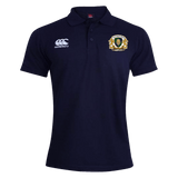 The Old Man Rivah Rugby Waimak Polo by EMB Canterbury is a navy short-sleeve men's polo with a white Canterbury logo on the right chest and a gold-embroidered crest on the left, perfect for classic casual or sporty style.