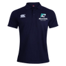 The NC Rugby Academy - Megalodons Waimak Polo by EMB Canterbury is a navy blue short-sleeve polo featuring white "Canterbury" branding and a shark logo on the chest—ideal for any rugby fan.