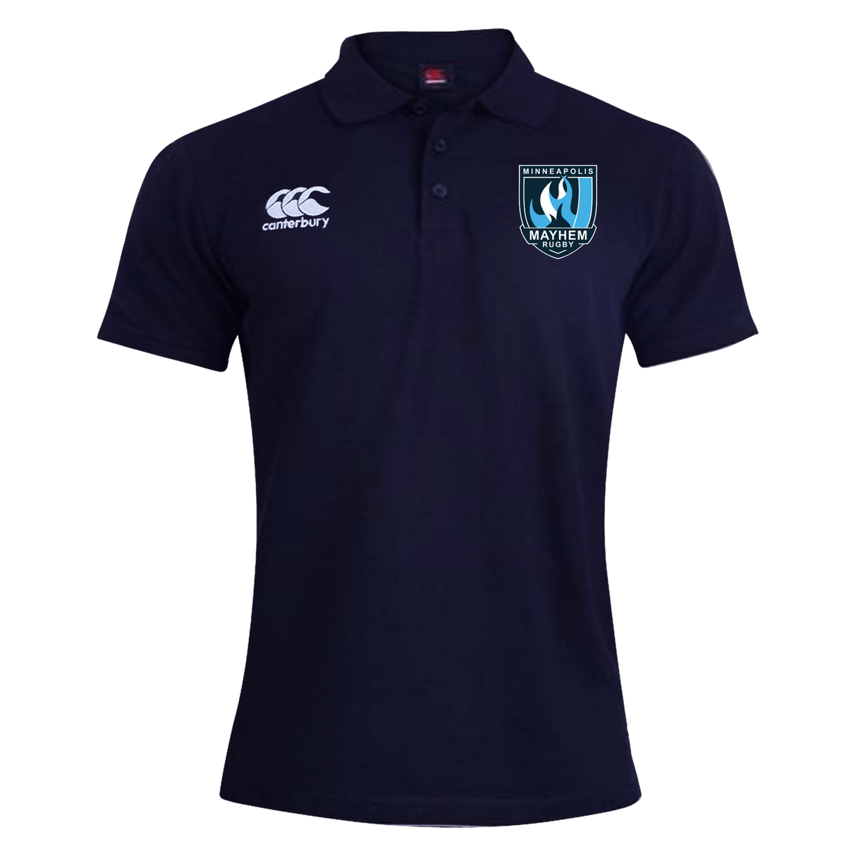 The Minneapolis Mayhem Rugby Waimak Polo by EMB Canterbury features the iconic Canterbury rugby polo logo on the right chest and a “Minneapolis Mayhem” crest on the left chest, showcased against a plain white background.