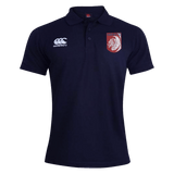 The Montgomery Bucks Griffins Waimak Polo by EMB Canterbury is a navy blue men's shirt with a white Canterbury logo on the right chest and a red and white lion crest on the left, ideal for rugby fans.