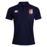 The Montgomery Bucks Griffins Waimak Polo by EMB Canterbury is a navy blue men's shirt with a white Canterbury logo on the right chest and a red and white lion crest on the left, ideal for rugby fans.