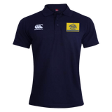 Navy blue Berkeley RFC Waimak Polo by Canterbury with a white logo on the right chest and a yellow rectangular patch featuring a bear graphic and text on the left chest.