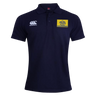 Navy blue Berkeley RFC Waimak Polo by Canterbury with a white logo on the right chest and a yellow rectangular patch featuring a bear graphic and text on the left chest.