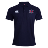 The Nebraska Rugby Referee Society Waimak Polo by EMB Canterbury is a navy blue short-sleeve men’s shirt with a Canterbury logo on the right chest and a Nebraska rugby logo on the left—ideal for classic rugby polo fans.
