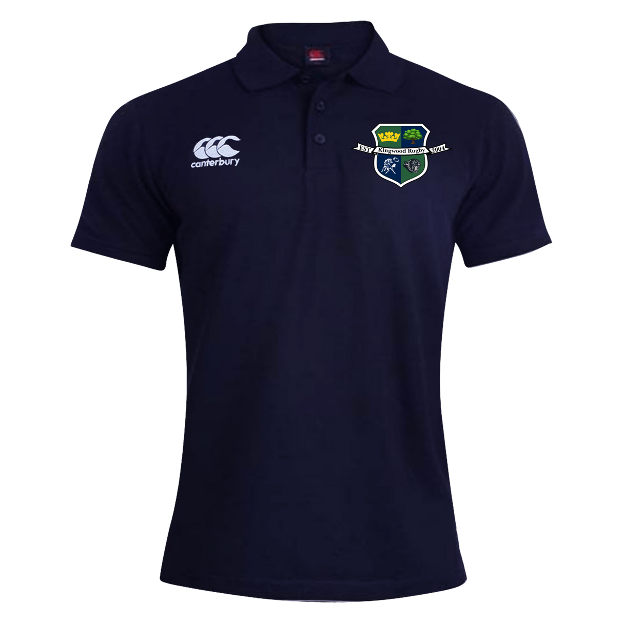 The Kingwood Rugby Waimak Polo by EMB Canterbury is a navy rugby shirt featuring the club crest and CCC logo, offering classic style and comfort.