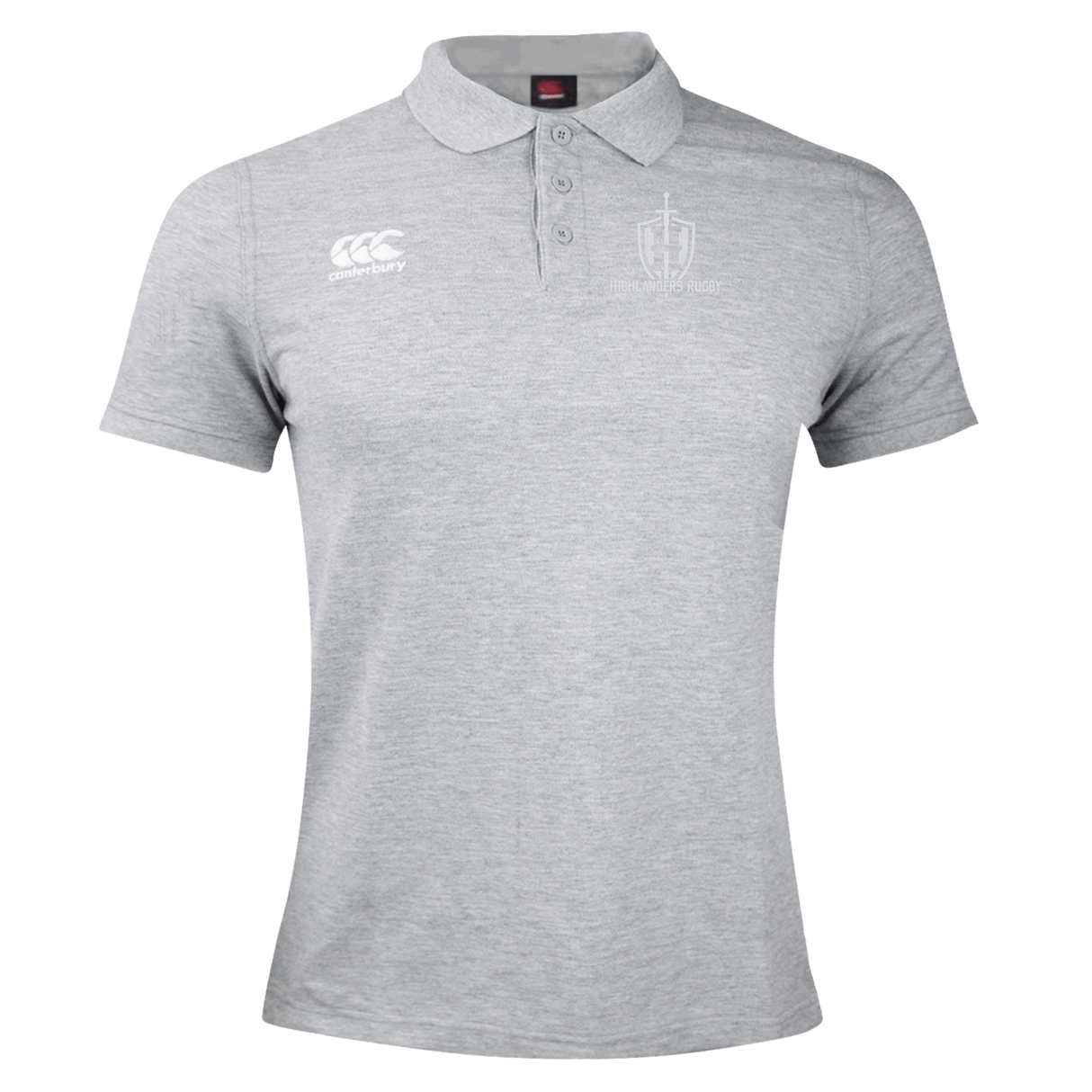 The Highlanders Rugby NC Waimak Polo by Canterbury is a grey rugby polo shirt featuring a collar and short sleeves. It includes the EMB Canterbury logo on the right chest and an embroidered insignia on the left chest, made from a comfortable cotton-polyester blend.