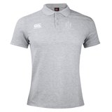 The Highlanders Rugby NC Waimak Polo by Canterbury is a grey rugby polo shirt featuring a collar and short sleeves. It includes the EMB Canterbury logo on the right chest and an embroidered insignia on the left chest, made from a comfortable cotton-polyester blend.