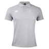The Highlanders Rugby NC Waimak Polo by Canterbury is a grey rugby polo shirt featuring a collar and short sleeves. It includes the EMB Canterbury logo on the right chest and an embroidered insignia on the left chest, made from a comfortable cotton-polyester blend.