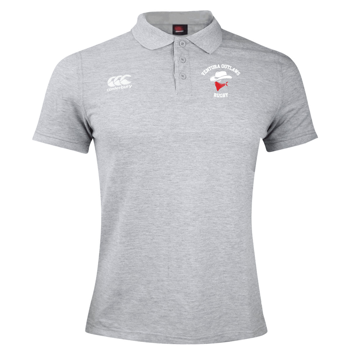 The Ventura Outlaws Rugby Waimak Polo by Canterbury from EMB Canterbury is a light grey rugby polo with short sleeves and a collar, crafted from a cotton polyester blend. It showcases the Canterbury logo on the right chest and a "Ventura Outlaws Rugby" emblem on the left chest.