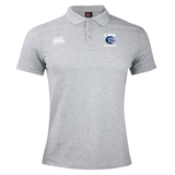 The Christian Brothers Academy Rugby Waimak Polo by Canterbury from EMB Canterbury features a stylish gray design with "CBA Rugby" and a striking blue chest logo. Made from a soft cotton-polyester blend, it has the iconic white Canterbury logo on the right side.
