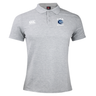 The Christian Brothers Academy Rugby Waimak Polo by Canterbury from EMB Canterbury features a stylish gray design with "CBA Rugby" and a striking blue chest logo. Made from a soft cotton-polyester blend, it has the iconic white Canterbury logo on the right side.