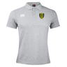 The Gotham Knights Waimak Polo by EMB Canterbury is a gray short-sleeve rugby polo shirt with a collar, featuring a Canterbury logo on the right chest and an embroidered yellow and black crest with a lion and "DRFC" on the left chest. Crafted from a comfortable cotton/polyester blend, it's perfect for both casual and sporty occasions.