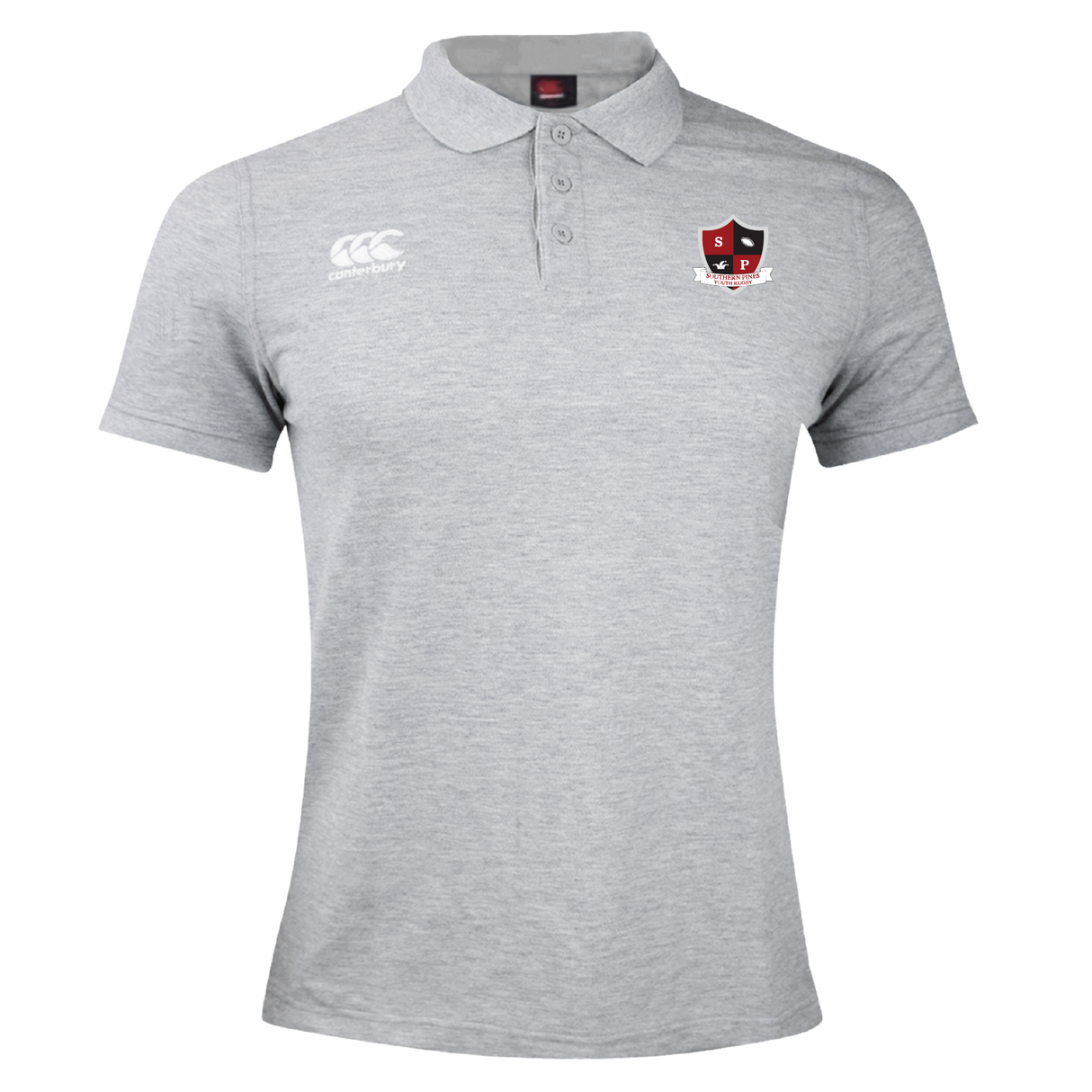 The Southern Pines Youth Rugby Waimak Polo by EMB Canterbury features a classic collar and short sleeves, made from a comfy cotton-polyester blend. It showcases the Canterbury logo on the right chest and an emblem on the left for added style.