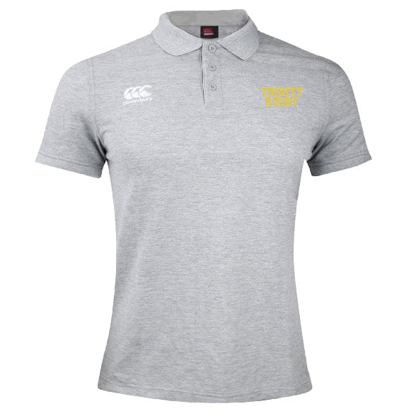 The Trinity College Waimak Polo by Canterbury is a grey short-sleeved Rugby Polo made from a Cotton/Polyester blend, featuring "TRINITY RUGBY" embroidered in yellow on the left chest and a white Canterbury logo on the right chest.