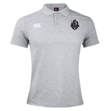 The Cypress Warriors Men's Rugby Waimak Polo by EMB Canterbury is light grey with a Canterbury logo on the right chest and a black and purple Cypress Warriors crest on the left, shown against a plain background.